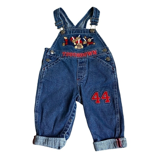 Baby’s Vintage Denim Overalls Blue Football Rugby Touchdown Embroidery Sz 6-9 mo - Picture 4 of 16